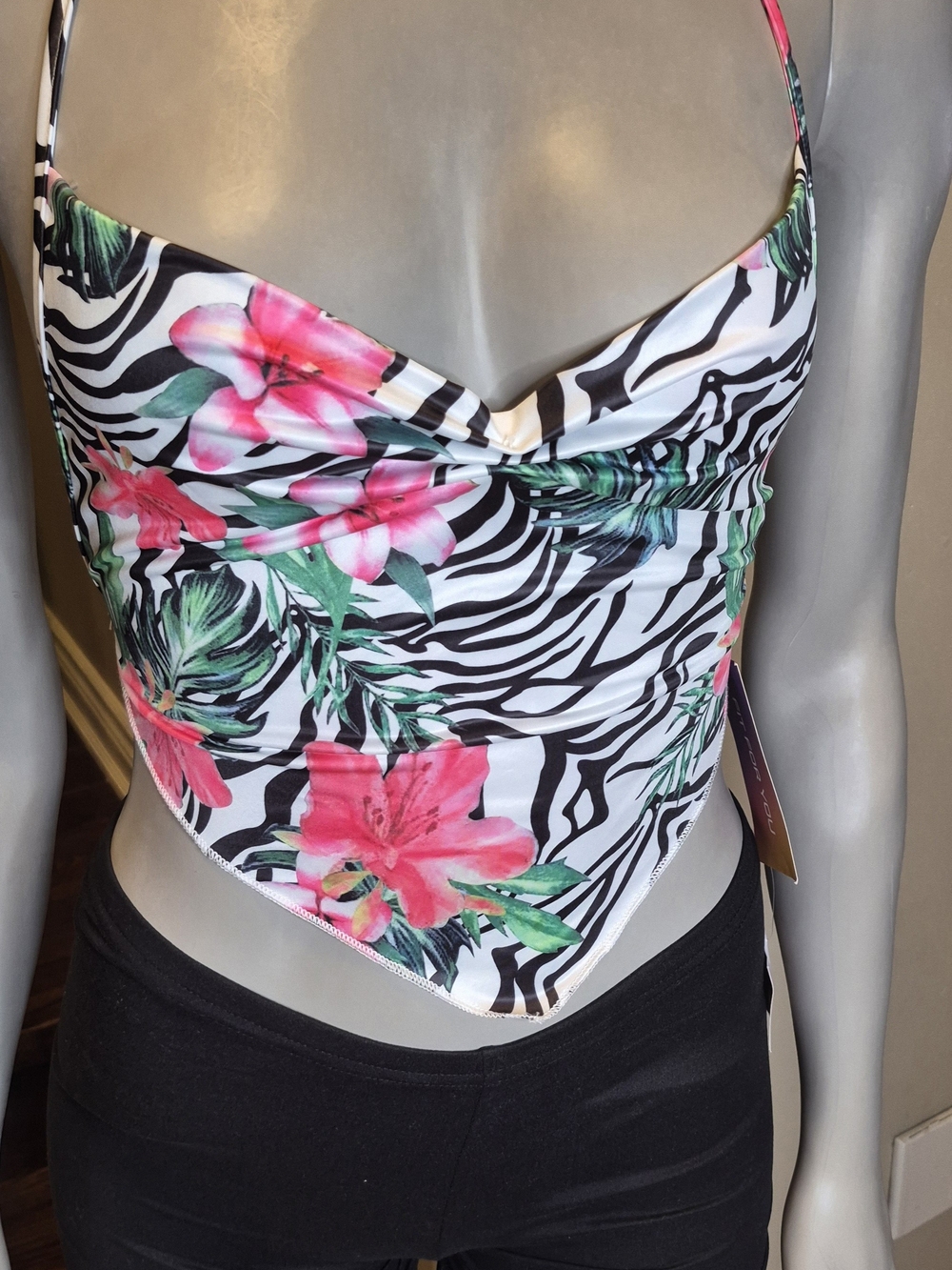 Floral Zebra Print Crop Top - Pink & Green